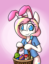 Size: 3055x4000 | Tagged: safe, artist:spheedc, oc, oc only, oc:bubble burst, basket, bunny ears, clothes, commission, egg, looking at you, shirt, solo, your character here