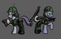 Size: 1024x659 | Tagged: safe, artist:mintlynx, limestone pie, maud pie, earth pony, pony, alien (franchise), colonial marine, gun, m41a pulse rifle, pulse rifle, shotgun, weapon