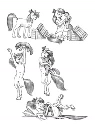 Size: 1000x1316 | Tagged: safe, artist:baron engel, apple bloom, oc, oc:stone mane, earth pony, pony, semi-anthro, armpits, bipedal, canon x oc, crush plush, female, filly, hoofy-kicks, monochrome, pencil drawing, plushie, story included, traditional art