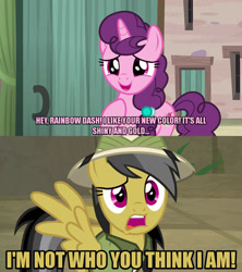 Size: 1280x1440 | Tagged: safe, edit, edited screencap, editor:jaredking203, screencap, daring do, sugar belle, pegasus, pony, unicorn, daring doubt, hard to say anything, caption, female, image macro, implied rainbow dash, mare, meme, mistaken identity, text