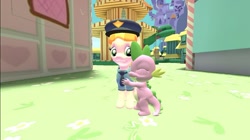 Size: 1024x575 | Tagged: safe, artist:undeadponysoldier, copper top, spike, dragon, 3d, copperbetes, copperspike, crack shipping, cute, daaaaaaaaaaaw, female, gmod, hug, male, mare, police officer, police uniform, ponyville, ponyville town hall, shipping, spikabetes, spikelove, straight