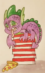 Size: 1195x1920 | Tagged: safe, artist:ask-pinkie-polkadot-pie, spike, dragon, food, meat, pepperoni, pepperoni pizza, pizza, solo, traditional art, tumblr:ask-pinkie-polkadot-pie
