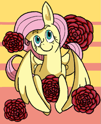 Size: 409x502 | Tagged: safe, artist:flamirasplitz, derpibooru import, fluttershy, pegasus, pony, female, flower, full face view, head tilt, looking at you, mare, rose, smiling, solo, spread wings, wings