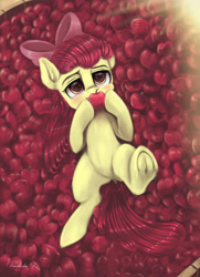 Size: 3250x4500 | Tagged: safe, artist:darksly, apple bloom, earth pony, pony, adorabloom, american beauty, apple, blushing, bow, cute, ear fluff, female, filly, food, frog (hoof), hair bow, high res, hoof hold, hoofbutt, leg fluff, looking at you, movie reference, on back, solo, underhoof