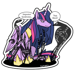 Size: 1000x1000 | Tagged: safe, artist:thattagen, derpibooru import, princess twilight 2.0, twilight sparkle, twilight sparkle (alicorn), alicorn, pony, snake, the last problem, ..., bitch, dialogue, female, long hair, mare, shadow creature, simple background, smug, solo, speech bubble, this is for emphasis bitch, transparent background, vulgar, worst pony, writing