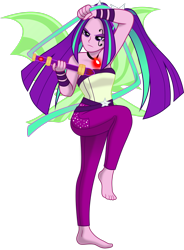 Size: 1920x2612 | Tagged: safe, artist:limedazzle, aria blaze, equestria girls, rainbow rocks, bare shoulders, barefoot, clothes, facial tattoo, feet, female, furies, gem, hades (game), megaera, pigtails, simple background, siren gem, sleeveless, solo, strapless, transparent background, twintails