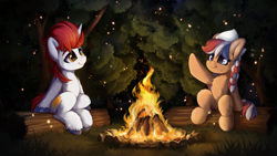 Size: 1920x1080 | Tagged: safe, artist:hitbass, oc, oc only, oc:ember, oc:stroop, oc:stroopwafeltje, oc:waffles, earth pony, pony, unicorn, braid, campfire, chest fluff, commission, fire, fluffy, forest, leg fluff, log, milkhat, night, tree, unshorn fetlocks