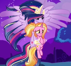 Size: 930x860 | Tagged: safe, artist:grace forsyth night, derpibooru import, luster dawn, princess twilight 2.0, twilight sparkle, twilight sparkle (alicorn), alicorn, pony, unicorn, the last problem, duo, female, flying, frown, holding a pony, mare, spread wings, wings