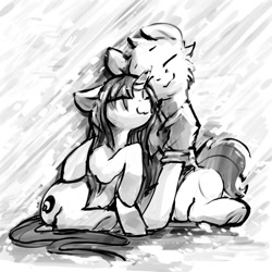 Size: 2000x2000 | Tagged: safe, artist:dimfann, oc, oc only, oc:dim, oc:sylvine, pony, unicorn, black and white, grayscale, monochrome