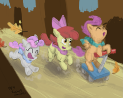 Size: 1125x902 | Tagged: safe, artist:kirbyliscious, apple bloom, scootaloo, sweetie belle, earth pony, pegasus, pony, unicorn, atg 2020, autumn, clothes, cutie mark crusaders, female, filly, forest, leaves, newbie artist training grounds, running, scarf, scooter, signature, trio