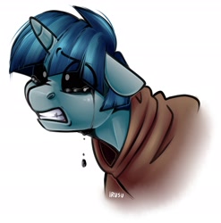 Size: 1884x1909 | Tagged: safe, artist:lrusu, stygian, pony, unicorn, black tears, bust, clothes, crying, implied pony of shadows, male, robe, signature, simple background, solo, stallion, teary eyes, white background