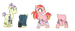 Size: 4088x1704 | Tagged: safe, artist:fluttersbases, artist:harmonyharp, oc, oc only, oc:apple punch, oc:pristine pearl, earth pony, pony, apple, bandage, base used, blank flank, boots, cloth, clothes, ear piercing, earring, eyebrow piercing, female, food, icey-verse, jewelry, jumpsuit, magical lesbian spawn, mare, mechanic, nonbinary, nose piercing, offspring, parent:apple bloom, parent:diamond tiara, parents:diamondbloom, pen, piercing, ponytail, raised hoof, raised leg, scar, shirt, shoes, siblings, simple background, t-shirt, tape, tattoo, transparent background, twins, unshorn fetlocks, zap apple