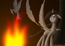 Size: 2400x1696 | Tagged: safe, artist:spyrophantom, oc, oc:cloud breaker, alicorn, bird, alicorn oc, feather, fire, horn, wings