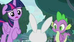 Size: 1920x1080 | Tagged: safe, derpibooru import, screencap, angel bunny, fluttershy, spike, twilight sparkle, twilight sparkle (alicorn), alicorn, dragon, pony, rabbit, she talks to angel, animal, body swap, female, floppy ears, male, mare, raised hoof, winged spike