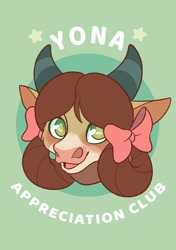 Size: 1444x2048 | Tagged: safe, artist:reylayneart, yona, yak, bow, bust, cute, female, hair bow, looking at you, monkey swings, open mouth, portrait, ribbon, solo, text, yonadorable