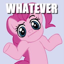 Size: 945x945 | Tagged: safe, derpibooru import, pinkie pie, earth pony, pony, caption, image macro, shrug, shrugpony, text, whatever