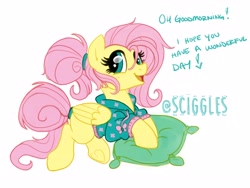 Size: 4000x3000 | Tagged: safe, artist:sciggles, derpibooru import, fluttershy, pegasus, pony, alternate hairstyle, clothes, cute, dialogue, eye shimmer, female, frog (hoof), good morning, heart, heart hoof, hoodie, looking at you, mare, open mouth, pillow, ponytail, shyabetes, simple background, smiling, smiling at you, solo, sweater, underhoof, white background