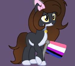 Size: 660x579 | Tagged: safe, artist:circuspaparazzi5678, oc, oc:katherine, cat, cat pony, earth pony, original species, pony, base used, bow, cat collar, cat ears, genderfluid, genderfluid pride flag, pride, pride flag, pride month, smiling, solo