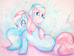 Size: 4032x3024 | Tagged: safe, artist:papersurgery, aloe, lotus blossom, earth pony, cute, female, looking at you, looking back, mare, siblings, sisters, sitting, traditional art, watercolor painting