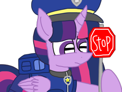 Size: 1440x1080 | Tagged: safe, artist:徐詩珮, derpibooru import, twilight sparkle, twilight sparkle (alicorn), alicorn, pony, series:sprglitemplight diary, series:sprglitemplight life jacket days, series:springshadowdrops diary, series:springshadowdrops life jacket days, alternate universe, chase (paw patrol), clothes, female, mare, paw patrol, simple background, solo, stop, transparent background, twilight is not amused, unamused