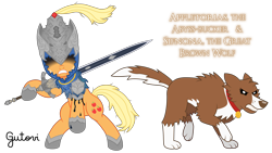 Size: 5692x3200 | Tagged: safe, artist:gutovi, derpibooru import, applejack, winona, earth pony, pony, wolf, armor, armored pony, artorias, artorias the abysswalker, bipedal, cloak, clothes, crossover, dark souls, great grey wolf sif, helmet, simple background, sword, transparent background, weapon