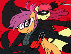 Size: 800x600 | Tagged: safe, artist:flash equestria photography, colorist:little jackie papercut, edit, apple bloom, scootaloo, anthro, earth pony, pegasus, card, clothes, colored, cosplay, costume, crossover, joker (persona), kasumi yoshizawa, mask, persona, persona 5, persona 5 royal, phantom thieves, ren amamiya, sword, violet (persona), weapon