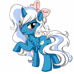 Size: 5000x5000 | Tagged: safe, artist:carolinenasu, oc, oc:fleurbelle, alicorn, adorabelle, alicorn oc, blushing, bow, cute, female, golden eyes, hair bow, horn, looking at you, looking back, looking back at you, mare, smiling, smiling at you, wingding eyes, wings