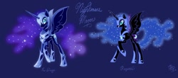 Size: 1024x449 | Tagged: safe, artist:ellybethe, nightmare moon, alicorn, pony, 2012, armor, comparison, ethereal mane, ethereal tail, female, helmet, hoof shoes, horn, journey of the spark, mare, raised hoof, redesign, signature, simple background, slit eyes, starry mane, text, wings