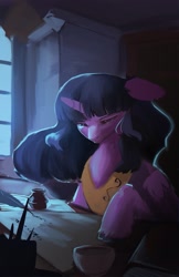 Size: 1870x2880 | Tagged: safe, artist:hierozaki, derpibooru import, twilight sparkle, twilight sparkle (alicorn), alicorn, pony, desk, female, floppy ears, inkwell, mare, peytral, solo