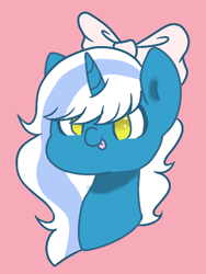 Size: 450x600 | Tagged: safe, artist:celestial-dumpling, oc, oc:fleurbelle, alicorn, :p, adorabelle, alicorn oc, bow, cute, female, golden eyes, hair bow, horn, mare, pink background, simple background, tongue out, wingding eyes, wings