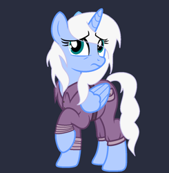 Size: 1132x1154 | Tagged: safe, artist:lominicinfinity, oc, oc:frostdrop, alicorn, pony, base used, blue background, clothes, female, jumpsuit, mare, simple background, solo