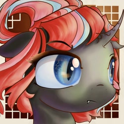 Size: 1248x1248 | Tagged: safe, artist:eris azure, oc, oc only, oc:staurora glitter, changeling, changeling queen, insect, abstract background, blue eyes, cute, fangs, female, red mane, solo