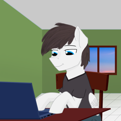 Size: 2024x2024 | Tagged: safe, artist:deni-liandi, oc, oc only, pegasus, pony, chair, computer, laptop computer, sitting, solo, table, window