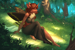 Size: 5610x3726 | Tagged: safe, alternate version, artist:nightskrill, oc, oc only, oc:flechette, anthro, moth, mothpony, original species, plantigrade anthro, anthro oc, barefoot, commission, dappled sunlight, ear fluff, eyes closed, feet, female, forest, grass, nature, neck fluff, outdoors, resting, sitting, smiling, solo, tree