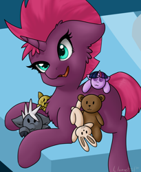 Size: 900x1100 | Tagged: safe, artist:llametsul, fizzlepop berrytwist, tempest shadow, unicorn, my little pony: the movie, blank flank, cute, ear fluff, female, filly, filly tempest shadow, happy, horn, plushie, signature, smiling, solo, teddy bear, tempestbetes, younger