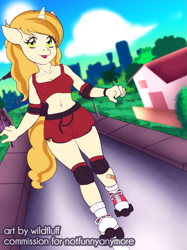 Size: 901x1202 | Tagged: safe, artist:wildfluff, sweet biscuit, anthro, unicorn, bandaid, clothes, elbow pads, gym shorts, knee pads, plaster, roller skates, shoes, shorts, sneakers, tail, tanktop, teenager, tomboy, tongue out