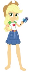 Size: 373x899 | Tagged: safe, artist:marcorois, edit, editor:thomasfan45, applejack, human, best in show: the pre-show, better together, equestria girls, applejack's hat, barefoot, belt, clothes, cowboy hat, cute, denim skirt, feet, female, freckles, hand on hip, hat, jackabetes, legs, looking at you, microphone, ponytail, shirt, simple background, skirt, smiling, solo, vector, white background
