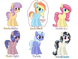 Size: 1700x1300 | Tagged: safe, artist:cheesepuff2, oc, oc only, alicorn, earth pony, pegasus, pony, unicorn, alicorn oc, earth pony oc, female, hat, horn, magical lesbian spawn, mare, offspring, parent:applejack, parent:flash sentry, parent:fluttershy, parent:octavia melody, parent:pinkie pie, parent:rainbow dash, parent:scootaloo, parent:sweetie belle, parent:trixie, parent:twilight sparkle, parent:vinyl scratch, parents:appledash, parents:flashlight, parents:flutterpie, parents:scootabelle, parents:scratchtavia, parents:twixie, pegasus oc, simple background, smiling, text, transparent background, unicorn oc, wings