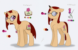Size: 1230x786 | Tagged: safe, artist:ravenpuff, oc, oc only, oc:flower basket, pony, unicorn, book, duality, female, flower, frown, glasses, mare, needle, older, reference sheet, smiling