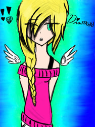 Size: 432x576 | Tagged: safe, artist:prismicdiamondart, oc, oc only, oc:diamond, human, abstract background, braid, clothes, female, floating wings, humanized, solo, story included, winged humanization, wings