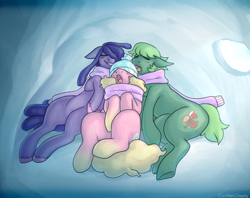 Size: 1020x808 | Tagged: safe, artist:cottoncloudy, oc, oc only, oc:frosty cake, oc:spunky brew, oc:wood crunch, earth pony, pony, unicorn, cis, cis girl, cis guy, clothes, cuddling, dreadlocks, drool, hat, hooves, igloo, nap, polyamorous, polyamory, scarf, sideburns, sleeping, smiling, trans, trans girl