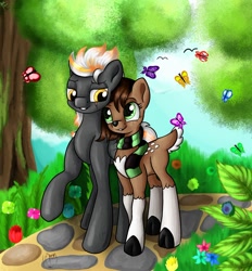Size: 1280x1379 | Tagged: safe, artist:appleneedle, oc, oc:mellow, oc:wyngs triumphant, butterfly, deer, pegasus, pony, art, character, cute, digitalart, draw, drawing, fanart, female, flower, interspecies, leaf, male, nature, paint, painting, park, path, shipping, sky, straight, tree