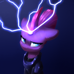 Size: 2400x2400 | Tagged: safe, artist:shido-tara, tempest shadow, pony, unicorn, annoyed, armor, broken horn, bust, canon, female, horn, lightning, looking at you, mare, portrait, simple background, solo, three quarter view