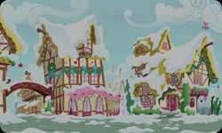 Size: 954x572 | Tagged: safe, background, building, christmas wreath, cloud, gameloft, no pony, ponyville, resource, snow, wreath