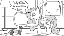 Size: 1200x675 | Tagged: safe, artist:pony-berserker, derpibooru import, fluttershy, ferret, pegasus, pony, pony-berserker's twitter sketches, angry, animal, female, fluttershy is not amused, lamp, mare, monochrome, speech bubble, stippling, toilet humor, unamused, window, yelling