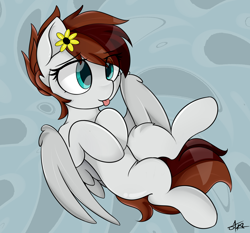 Size: 3000x2800 | Tagged: safe, artist:starmaster, oc, oc:becca, pegasus, pony, cute, flower, flower in hair, hooves, ocbetes, simple background, solo, tongue out