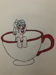 Size: 3024x4032 | Tagged: safe, artist:whistle blossom, part of a set, cozy glow, pegasus, pony, bow, cozybetes, cup, cup of pony, cute, female, filly, foal, hair bow, looking at you, micro, open mouth, simple background, smiling, smiling at you, solo, teacup, traditional art, whistle blossom is trying to murder us, whistle blossom's teacup ponies, white background