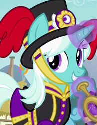 Size: 840x1080 | Tagged: safe, screencap, cornetta, pony, unicorn, triple threat, background pony, clothes, female, glowing horn, hat, horn, levitation, magic, magic aura, mare, musical instrument, not lyra, smiling, solo focus, telekinesis, top hat, trumpet, uniform