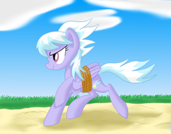 Size: 1920x1500 | Tagged: safe, artist:notadeliciouspotato, cloudchaser, pegasus, pony, atg 2020, bound wings, cloud, female, grass, mare, newbie artist training grounds, rope, running, sky, smiling, solo, wings