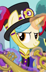 Size: 644x1000 | Tagged: safe, screencap, clarion call, pony, unicorn, triple threat, background pony, clothes, cropped, female, glowing horn, hat, horn, levitation, magic, magic aura, mare, musical instrument, name suggestion in the comments, solo focus, telekinesis, top hat, trumpet, uniform